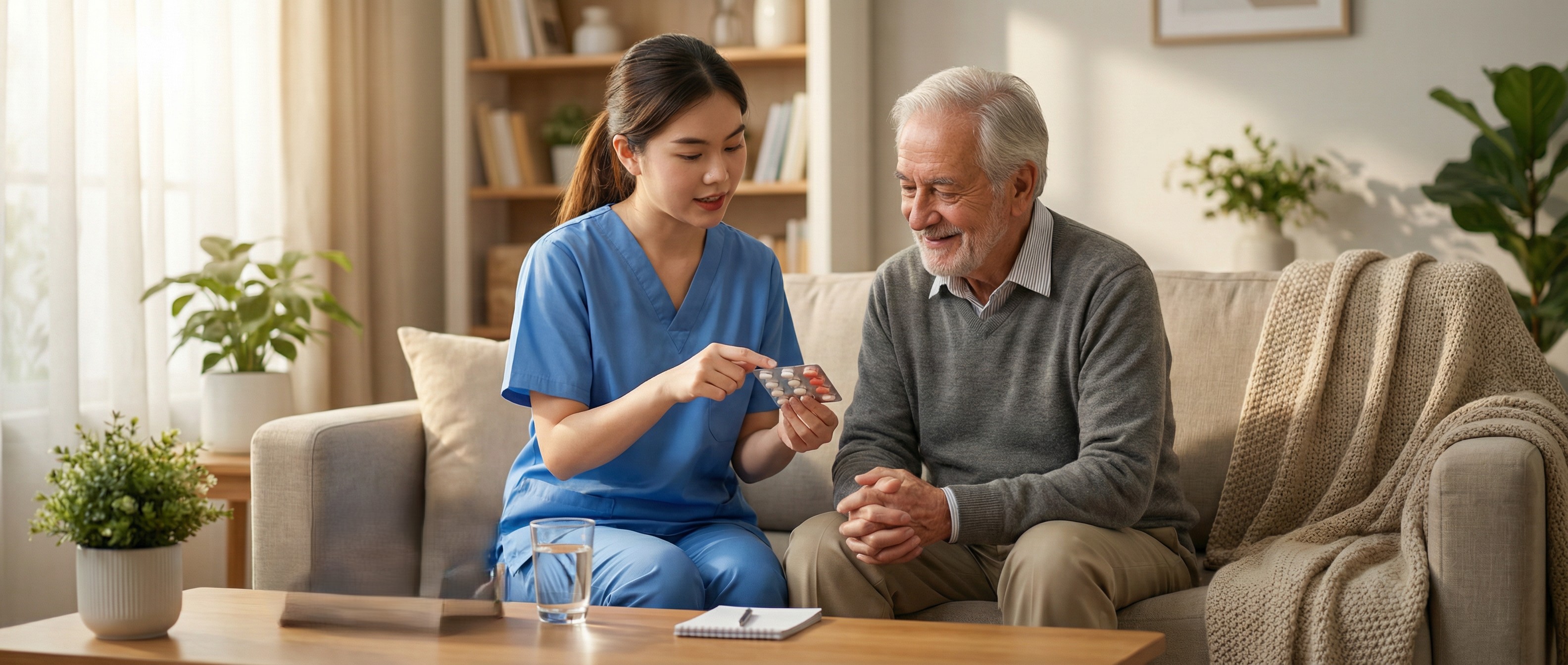 Organised patient medicines in a weekly dose organiser on a kitchen table with a pharmacist present