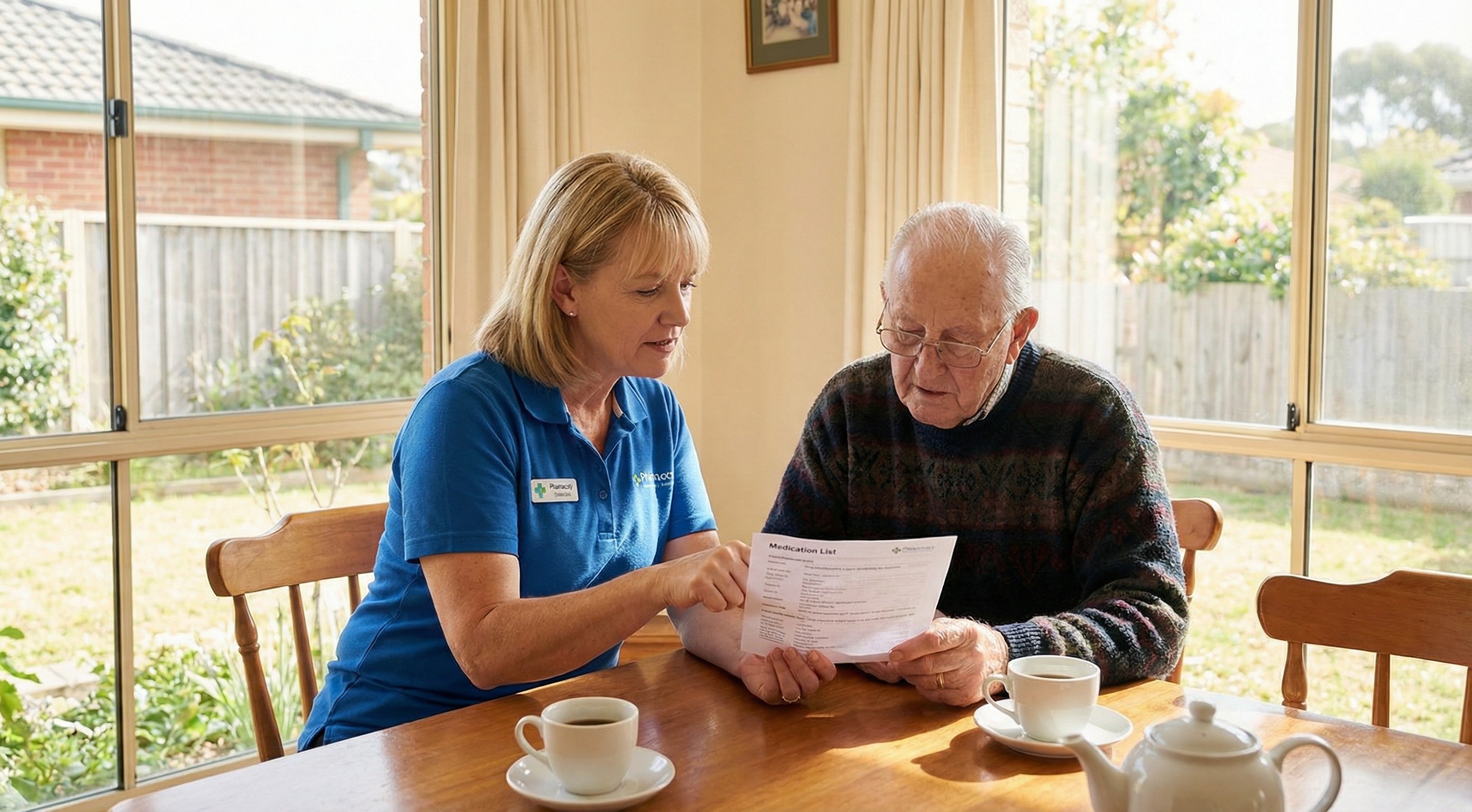 Accredited pharmacist checking organised patient medicines and a medication chart